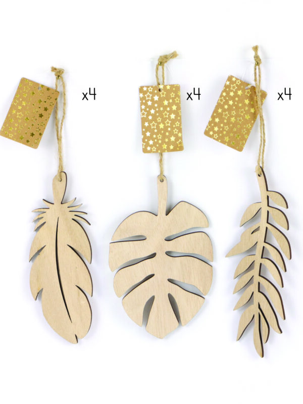 Wooden feather and monstera leaves (12 pcs)