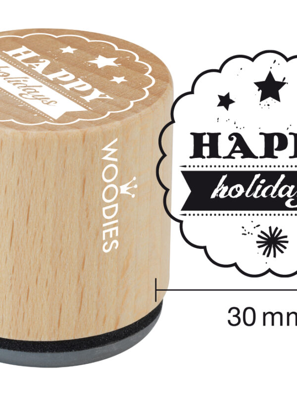 Woodies wooden stamp 30mm – Happy Holidays