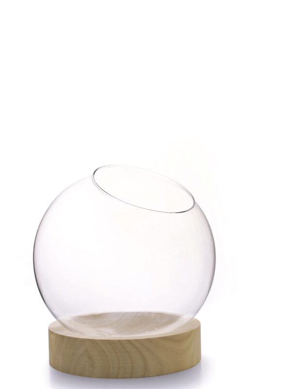 Globe vase + wooden base Ø 20 cm x H 21 cm