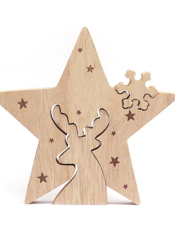 Wooden table decoration 150 mm x 140 mm x 20 mm - Star and reindeer