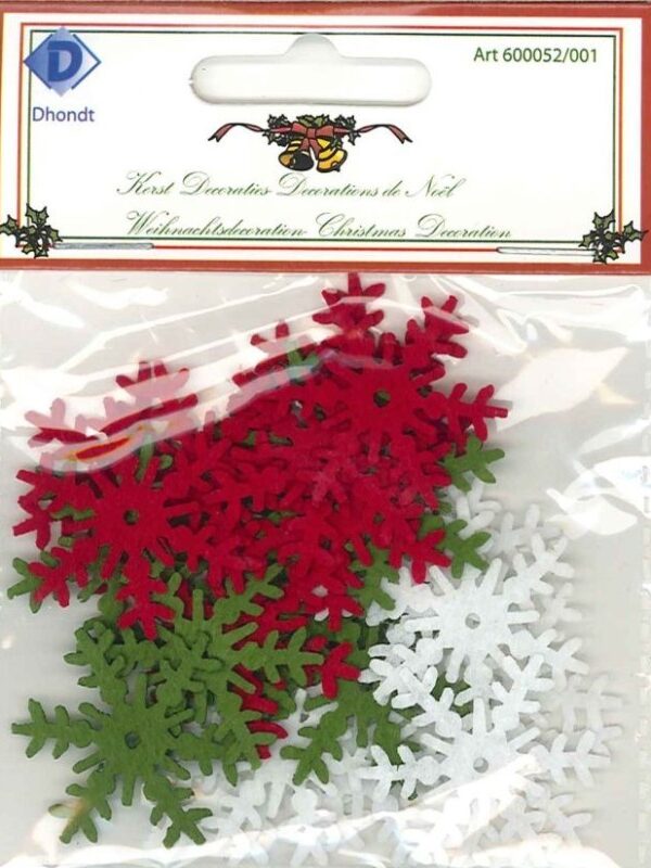 Felt snowflake 31 mm, 30 pcs, 3 colours white, red, green