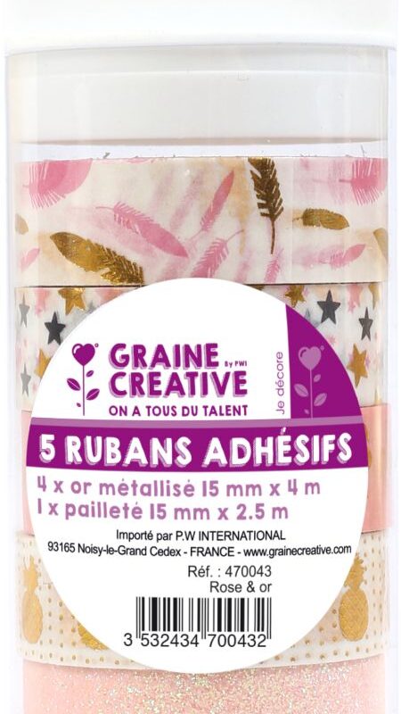 Assortment 5 masking tapes pink & gold 15 mm (4 pcs x 15 mm x 4 m + 1 pc x 15 mm