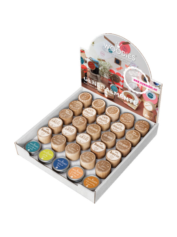 Display Woodies General – 25 Holzstempel + 5 Stempelkissen