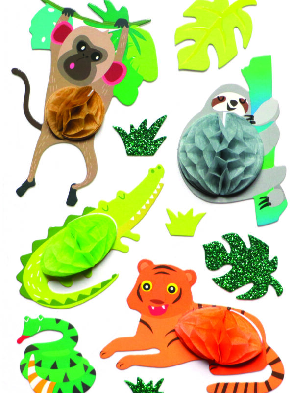 10 jungle dierenstickers 3D-effect longblaasjes 60 mm