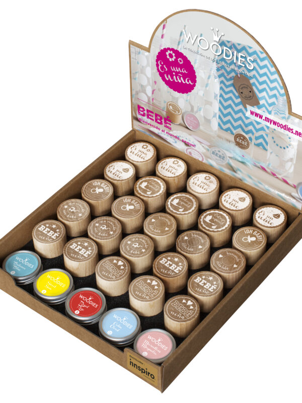 Display Woodies Baby – 25 wooden stamps + 5 ink pads