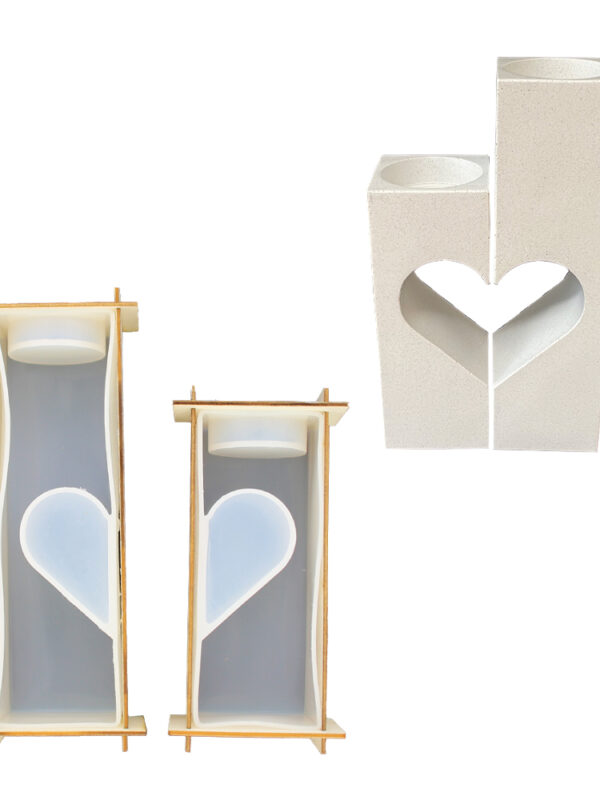 Ensemble de moules en silicone pour bougeoirs carrés en forme de cœur avec bois