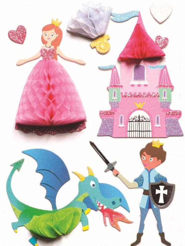 8 stickers met prinsessen en ridders, 3D-effect, honingraatpatroon, 70 mm