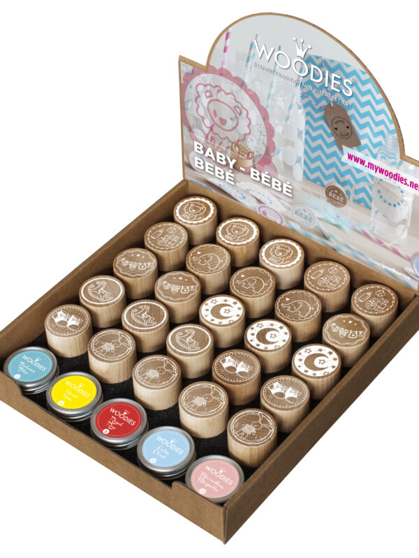 Display Woodies Baby - 25 houten stempels + 5 stempelkussens