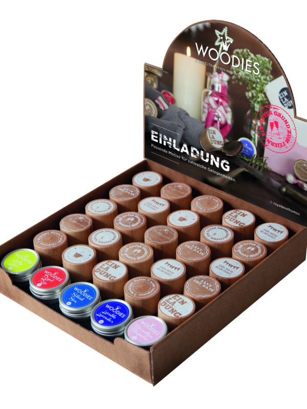 Display Woodies Einladung - 25 houten stempels + 5 stempelkussens