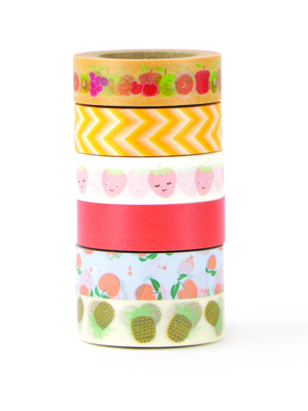 Set van 6 zelfklevende tapes met fruitmotieven, 15 mm x 10 m