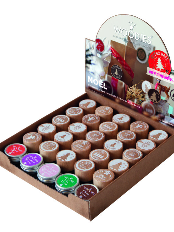 Display Woodies Christmas – 25 Holzstempel + 5 Stempelkissen