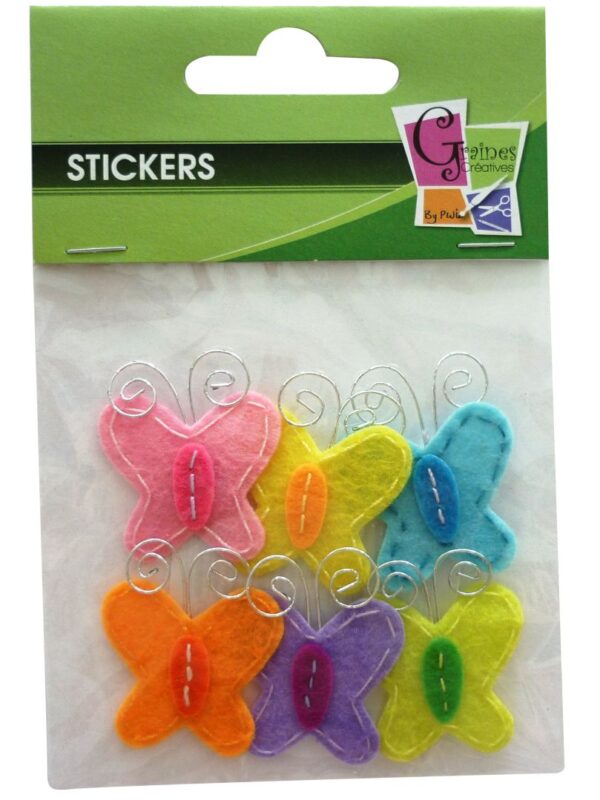 Vilten stickers 30 mm x 30 mm – Vlinders diverse kleuren (6 stuks)