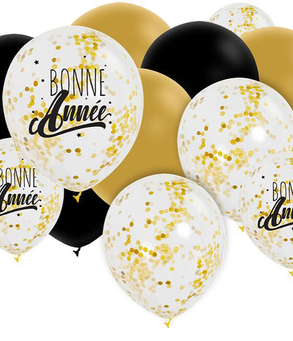 Ballonnen FR assorti zwart, goud, wit en confetti (12 stuks)