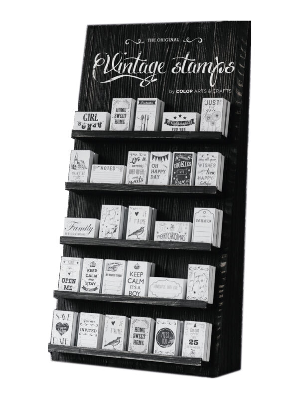 Display Vintage gevuld – 75 Stempel + 12 Stempelkissen