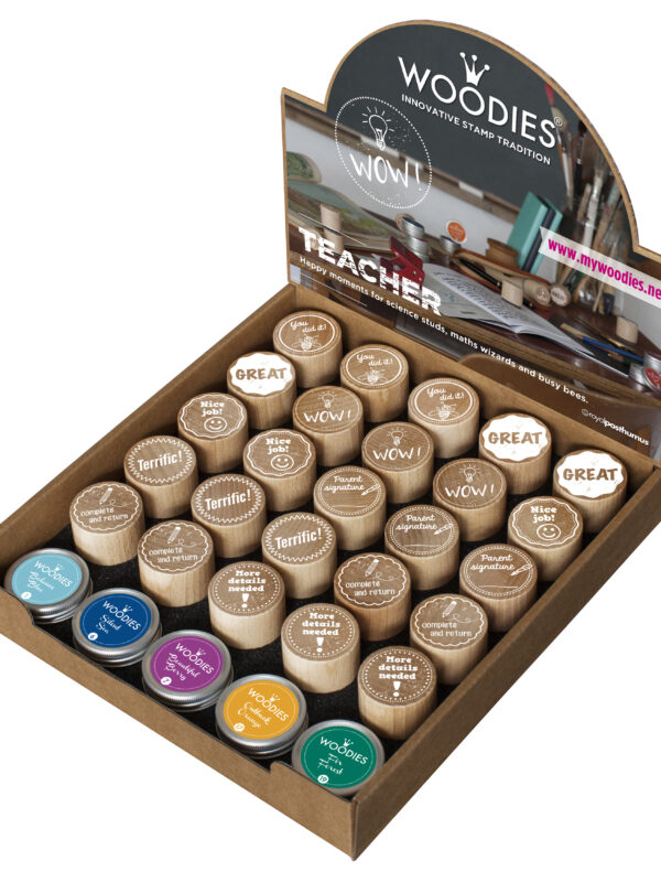 Display Woodies Teacher – 25 wooden stamps + 5 ink pads