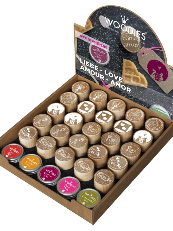 Display Woodies Liefde/Love/Amour - 25 houten stempels + 5 stempelkussens