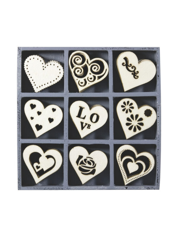 Wood ornament box – Hearts (45 pcs)