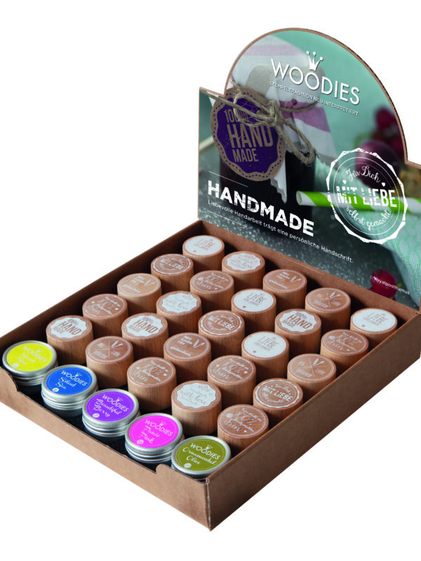 Display Woodies Handmade - 25 houten stempels + 5 stempelkussens