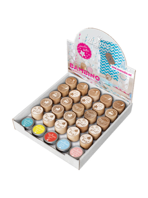 Display Woodies Baby – 25 Holzstempel + 5 Stempelkissen