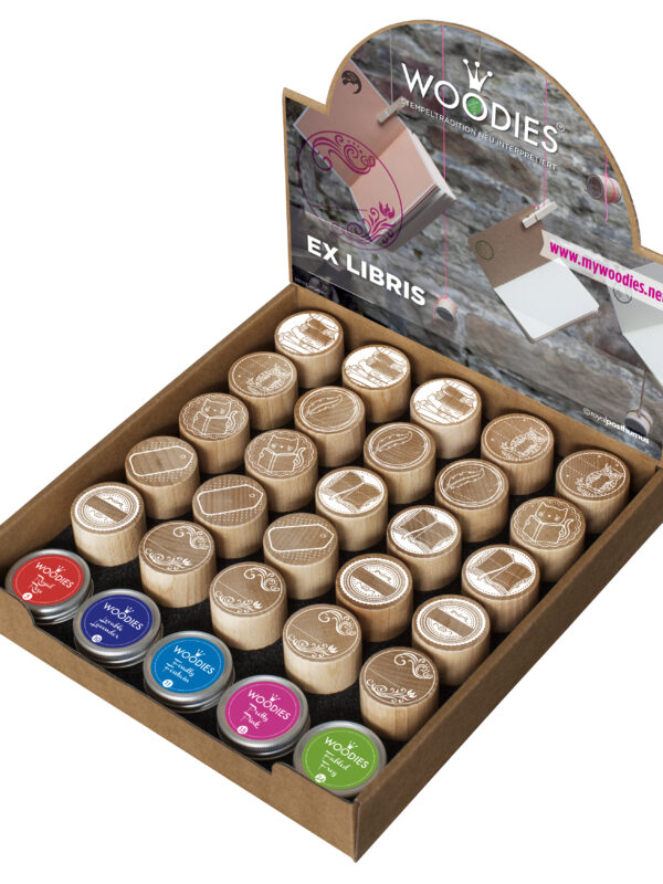 Display Woodies Ex Libris - 25 houten stempels + 5 stempelkussens