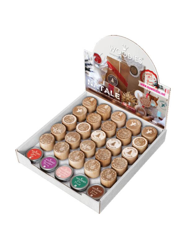Display Woodies Christmas – 25 Holzstempel + 5 Stempelkissen