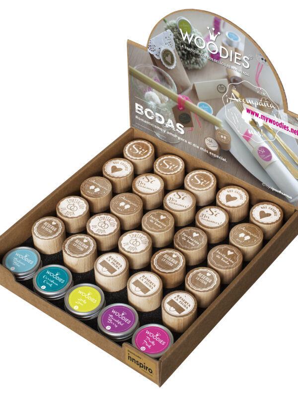 Display Woodies Weddings – 25 wooden stamps + 5 ink pads