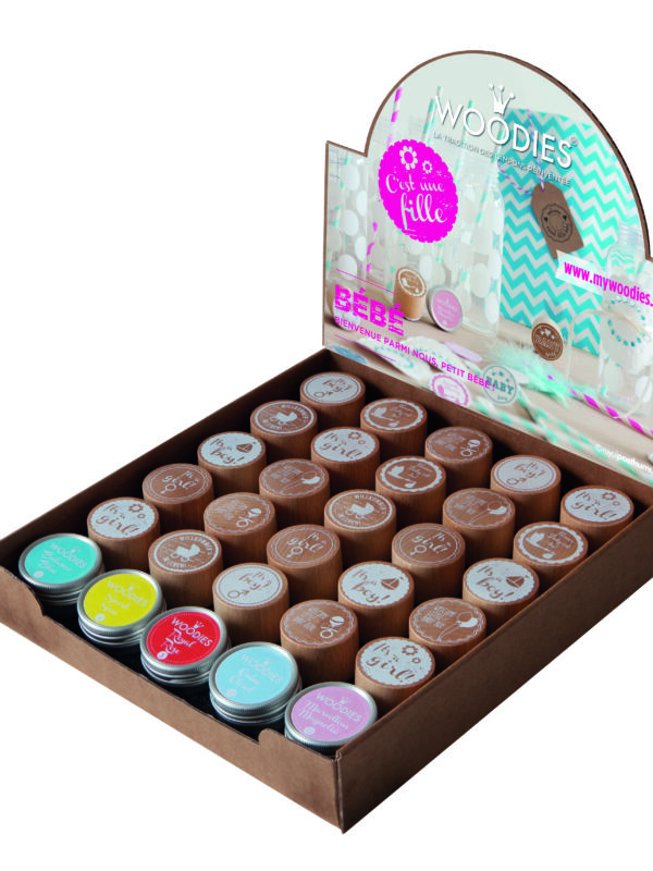 Display Woodies Baby – 25 wooden stamps + 5 ink pads