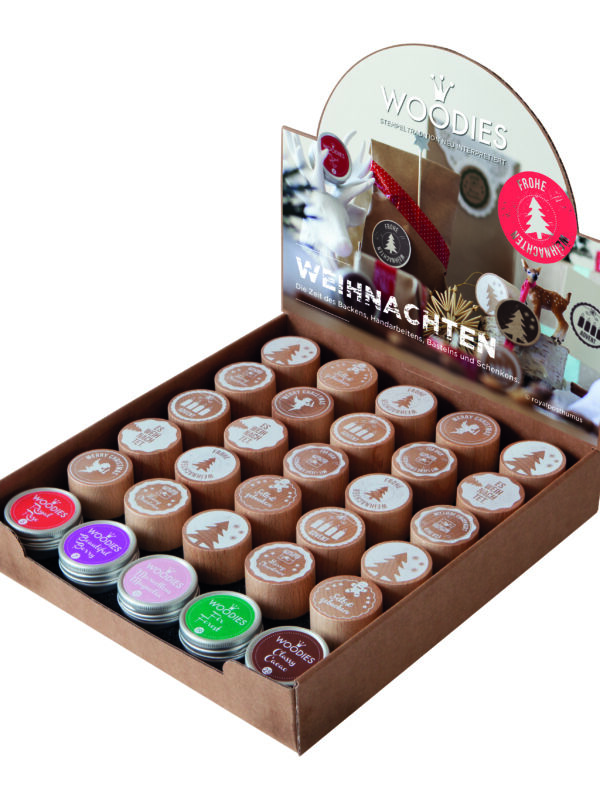 Display Woodies Weihnachten - 25 houten stempels + 5 stempelkussens