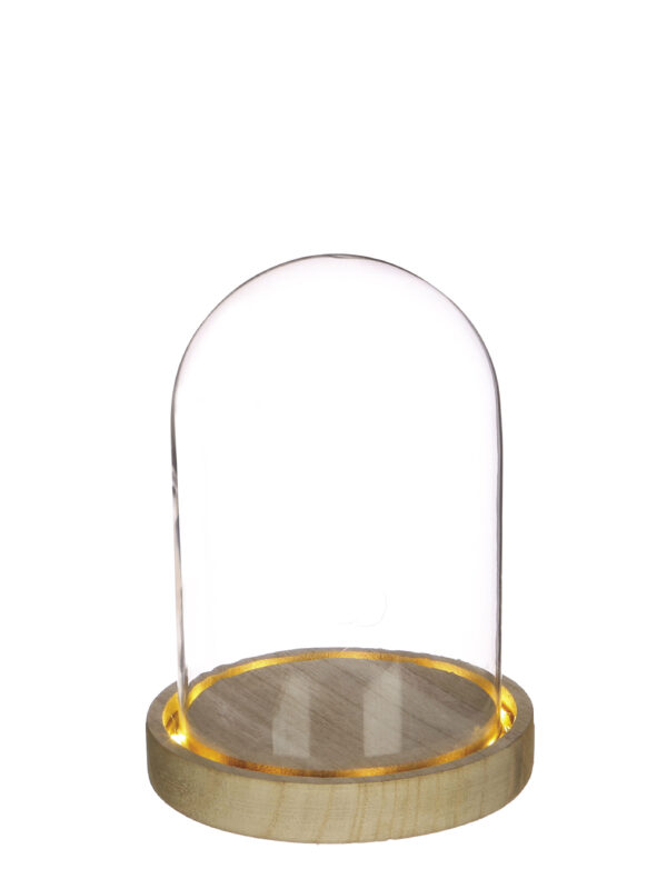 Illuminated glass dome with wooden base Ø 125 mm x 165 mm