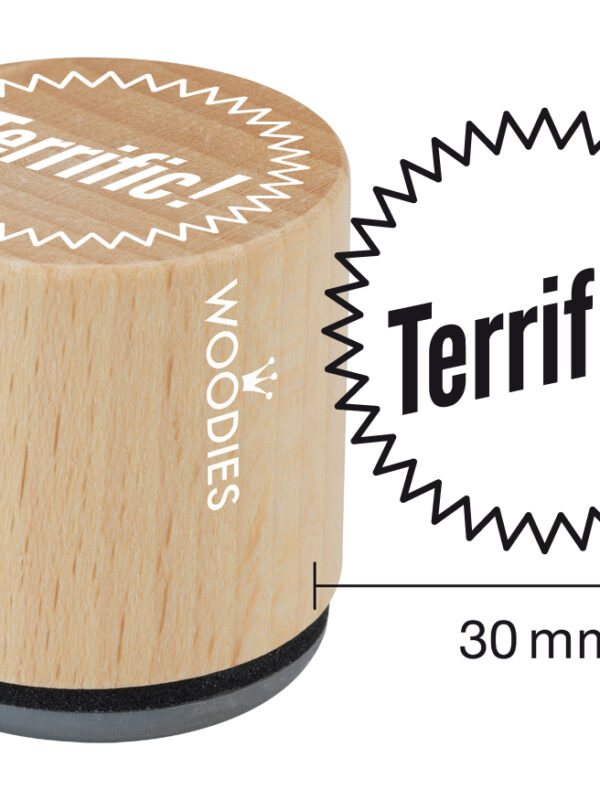 Woodies wooden stamp 30mm – Terrific!