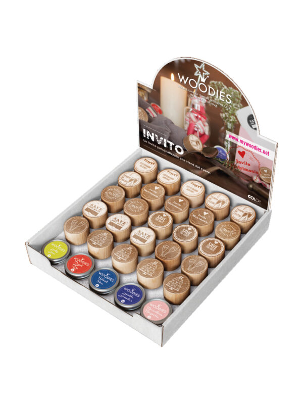 Display Woodies Einladung – 25 Holzstempel + 5 Stempelkissen