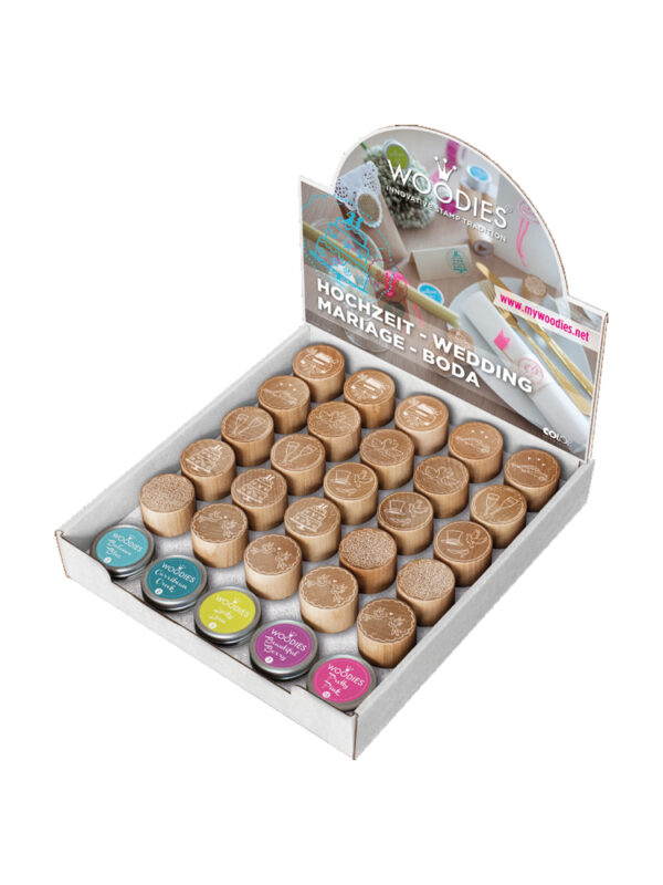 Display Woodies Huwelijk/Wedding/Mariage - 25 houten stempels + 5 stempelkussens