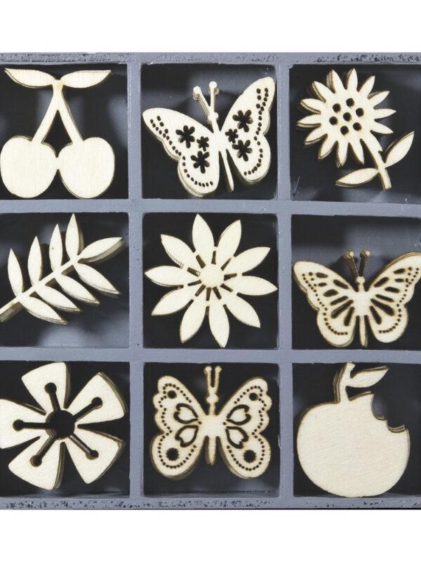 Wood ornament box fruit butterfly flower (45 pcs)