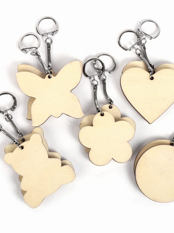Set of 10 assorted wooden keychains 55 x 55 mm
