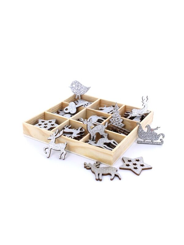 Box with wooden reindeer, stars, Christmas tree approx. 3cm (54 pcs)